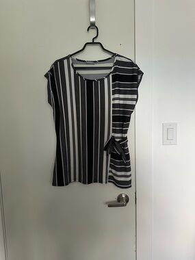 Kenar Black and White Striped Short Sleeve Tie-Detail Top
